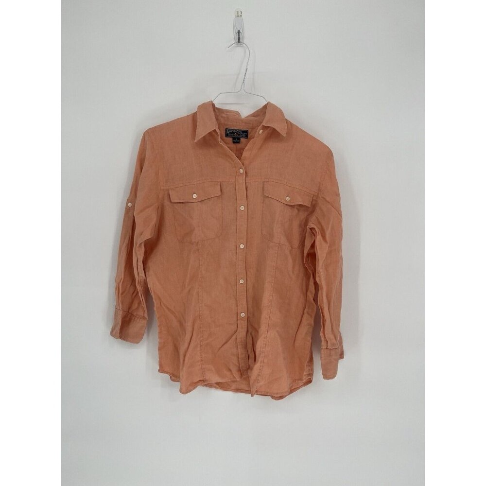 American Living Linen Shirt Women Large Coral/Peach Long Roll Tab Sleeves